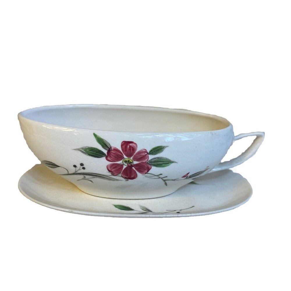 MCM Gravy Sauce Boat Saucer Set Ferrastone Hand Painted Camellia Pattern Japan